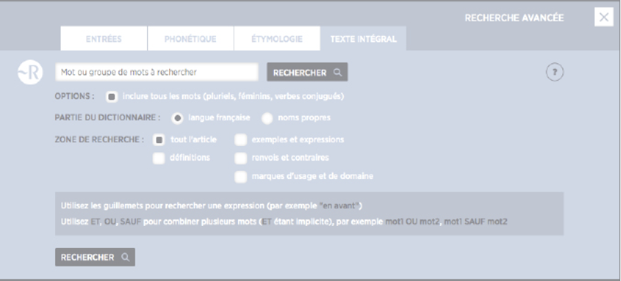 Recherche avancée : onglet 'Texte Intégral'